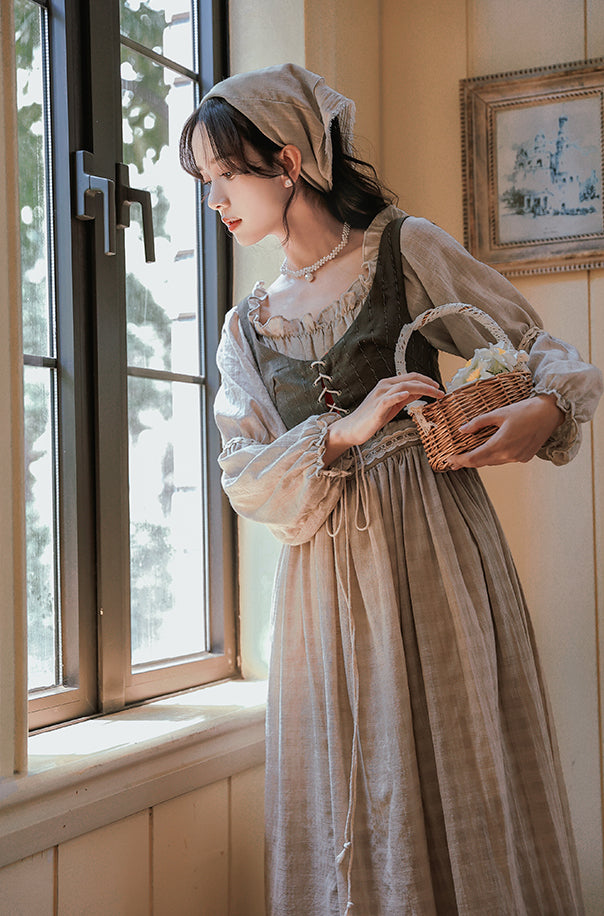 Country Corset Midi Dress (Beige/Olive)