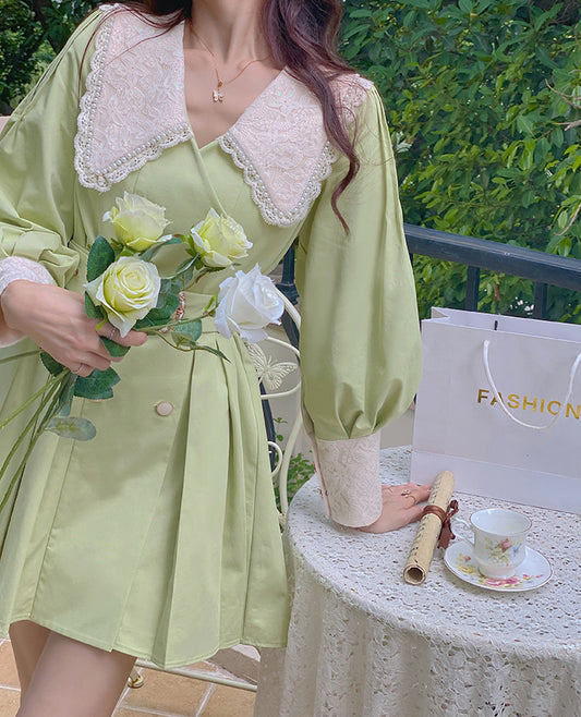 Matcha Peter Pan Pleated Dress (Green)