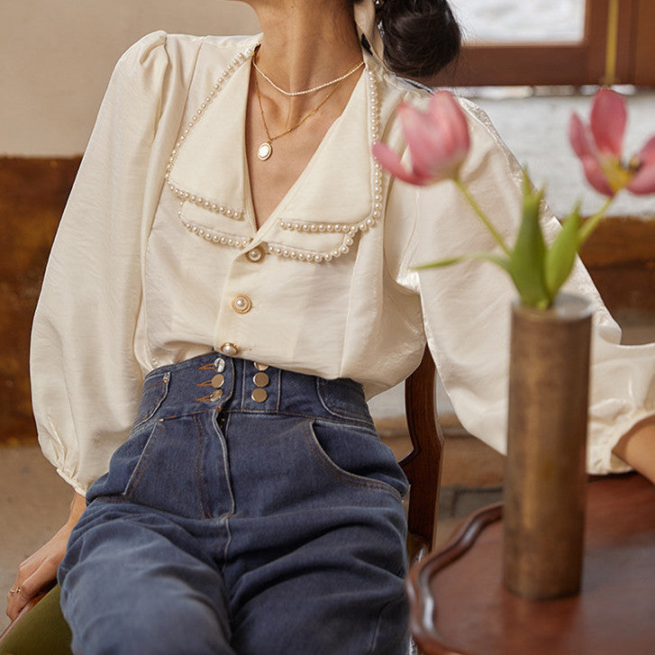Pearl Collar Satin Blouse (White)