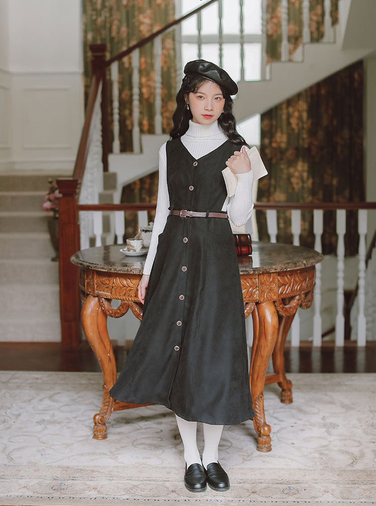 Button Up Suede Pinafore Dress (4 Colors)