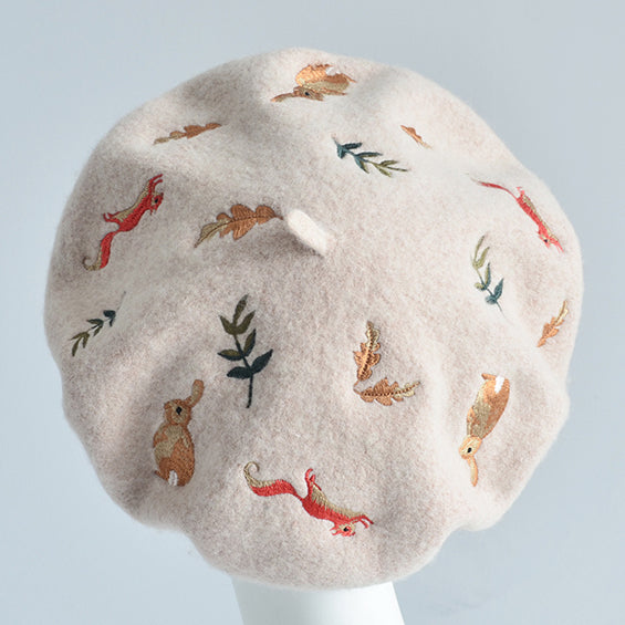 Bunny & Squirrel Embroidered Beret (3 Colors)
