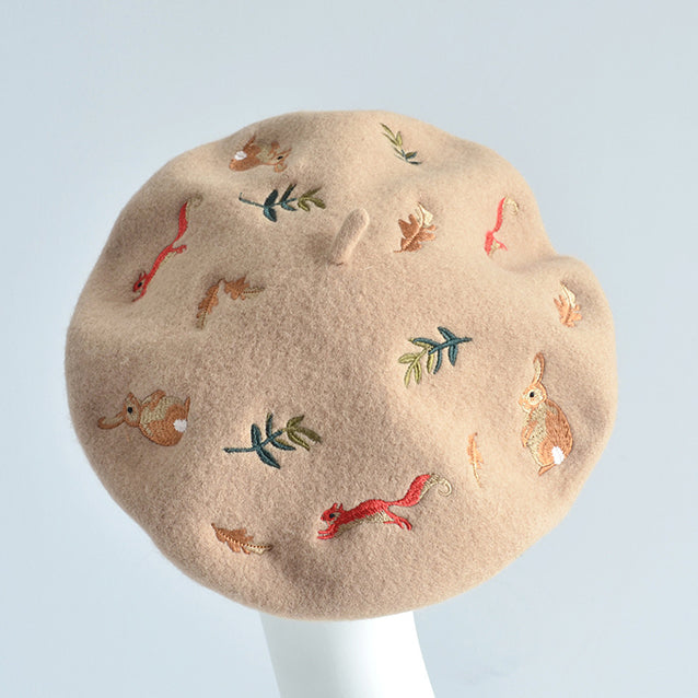 Bunny & Squirrel Embroidered Beret (3 Colors)