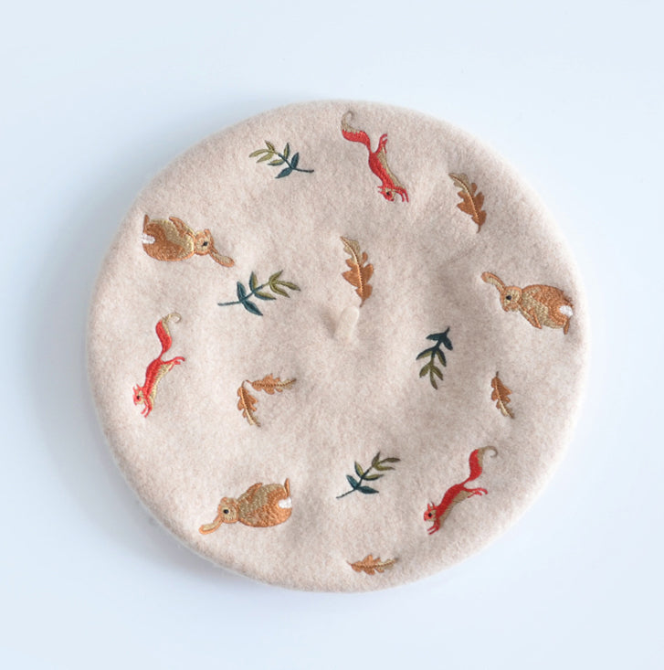 Bunny & Squirrel Embroidered Beret (3 Colors)