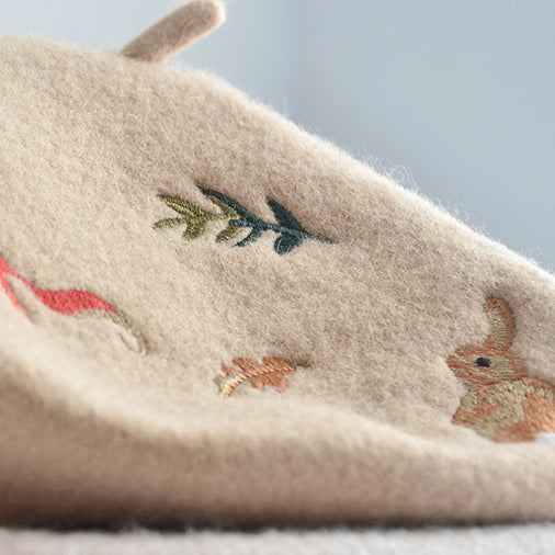 Bunny & Squirrel Embroidered Beret (3 Colors)