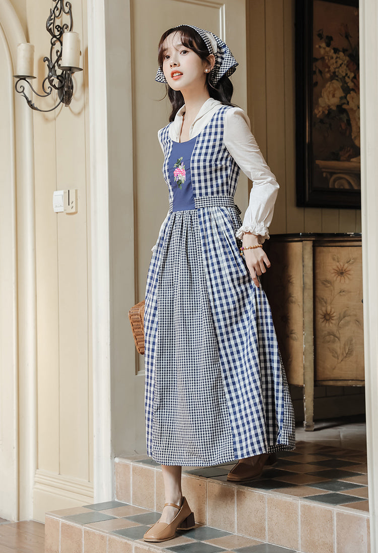 Gingham Pastures Twofer Midi Dress (Blue/White)