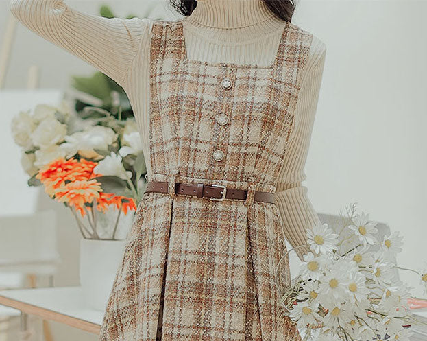 Latte Plaid Pinafore Dress (Khaki)