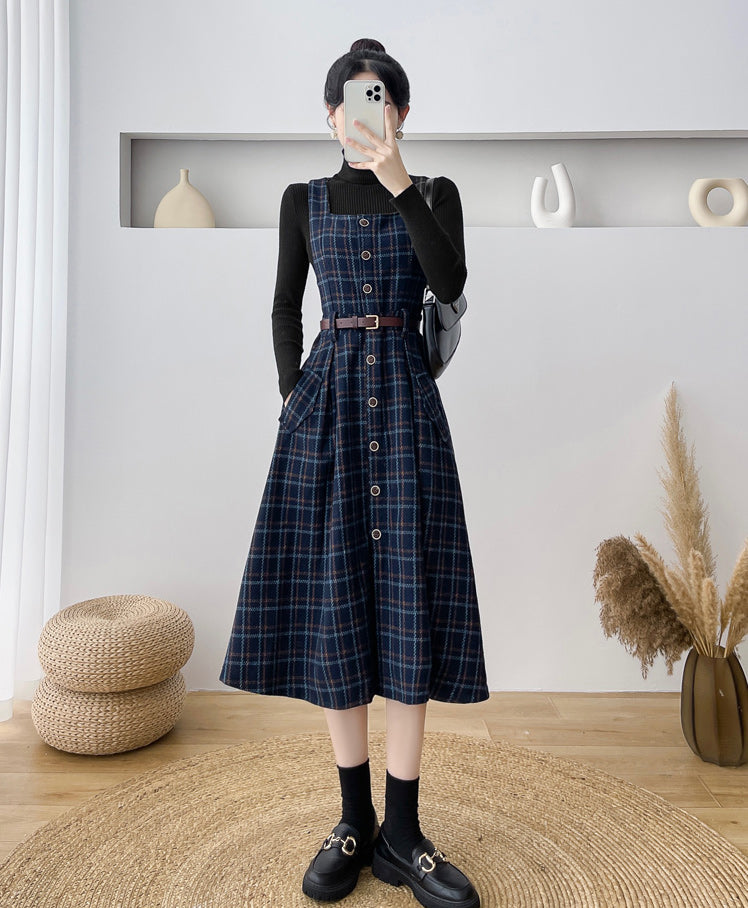 Button Up Plaid Pinafore Dress (2 Colors)
