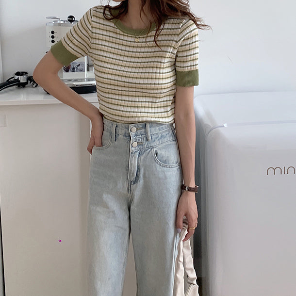 Short Sleeve Stripe Sweater (4 Colors)