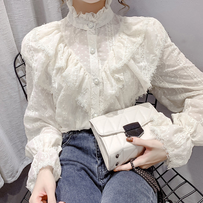 Ruffle Lace High Neck Button Up Shirt (2 Colors)