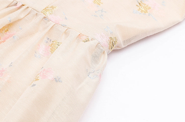 Puff Sleeve Bow Floral Jacquard Dress (Beige)