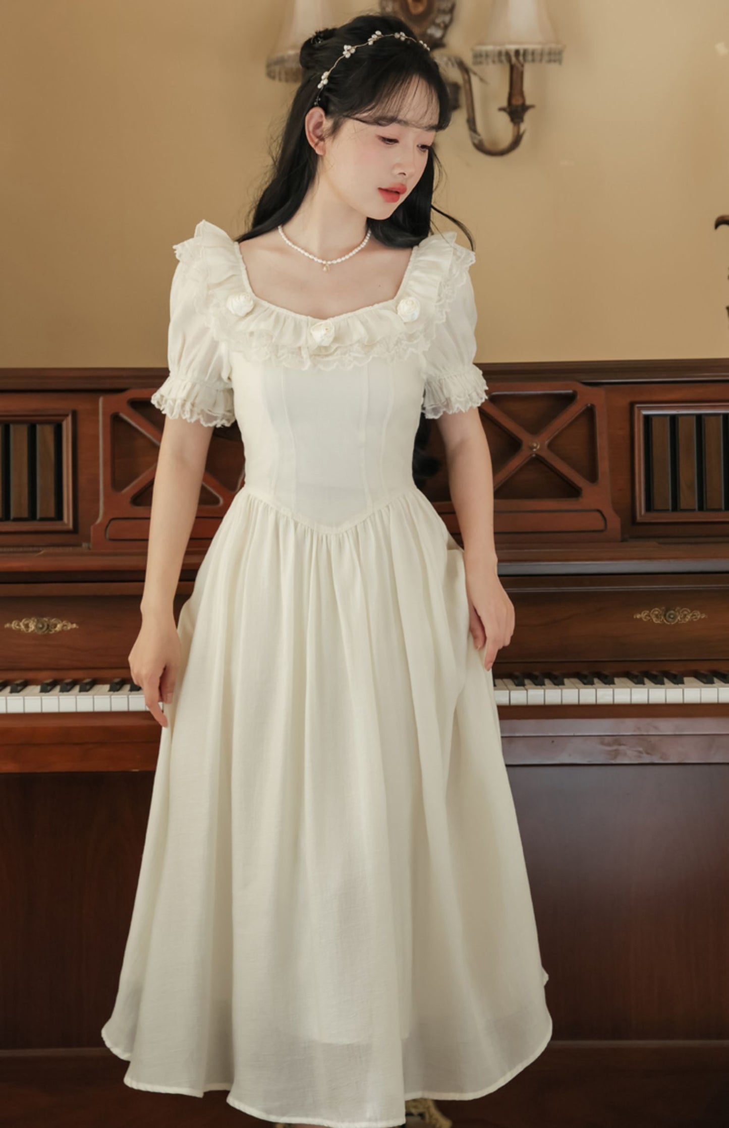 Blanc Rose Midi Dress (Cream)