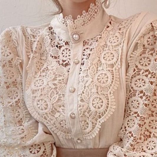 Lace High Neck Button Up Shirt (3 Colors)