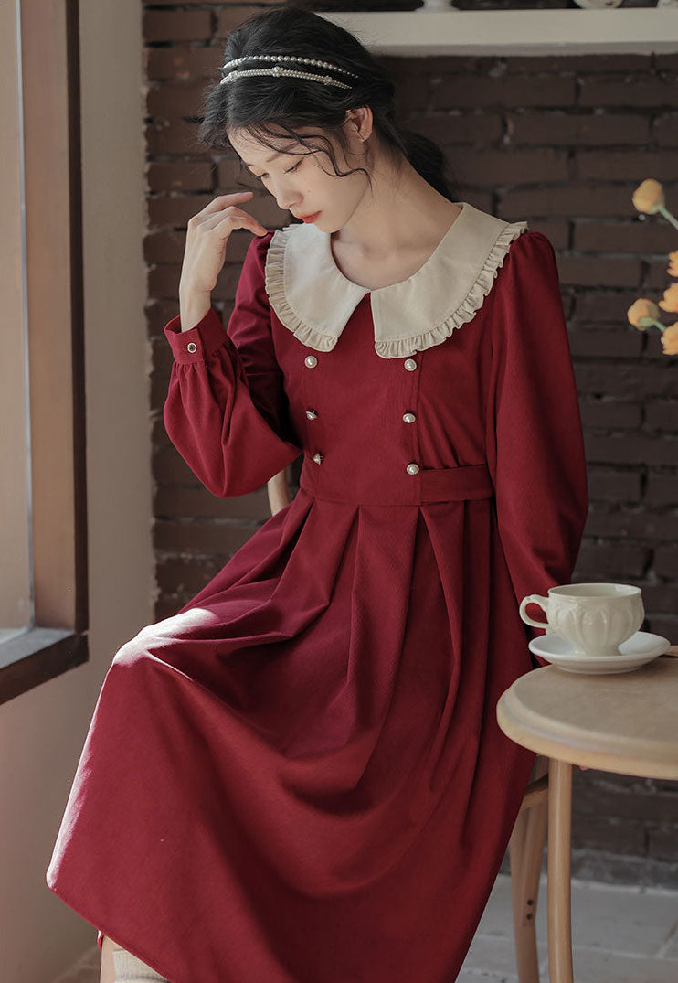 Corduroy Suede Peter Pan Midi Dress (3 Colors)