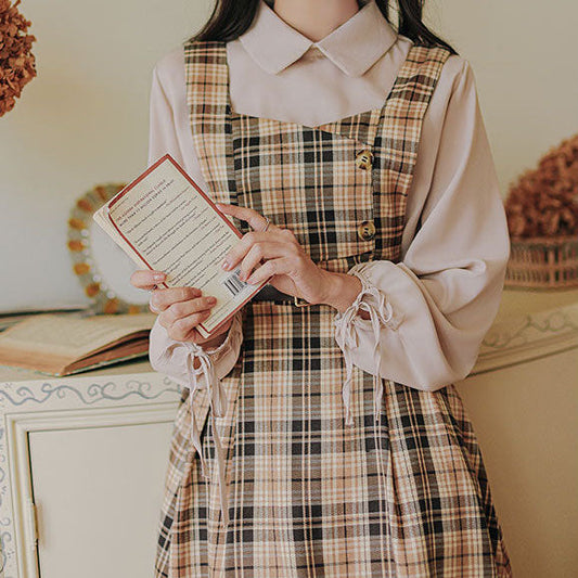 Honey Plaid Pinafore Dress (Khaki)