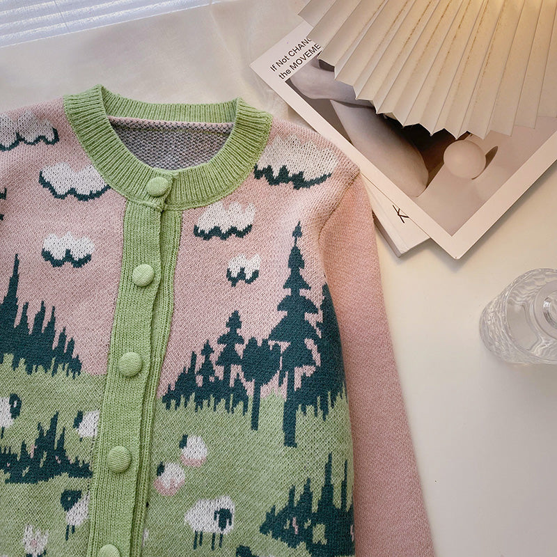 Country Sheep Cardigan (Pink/Green)
