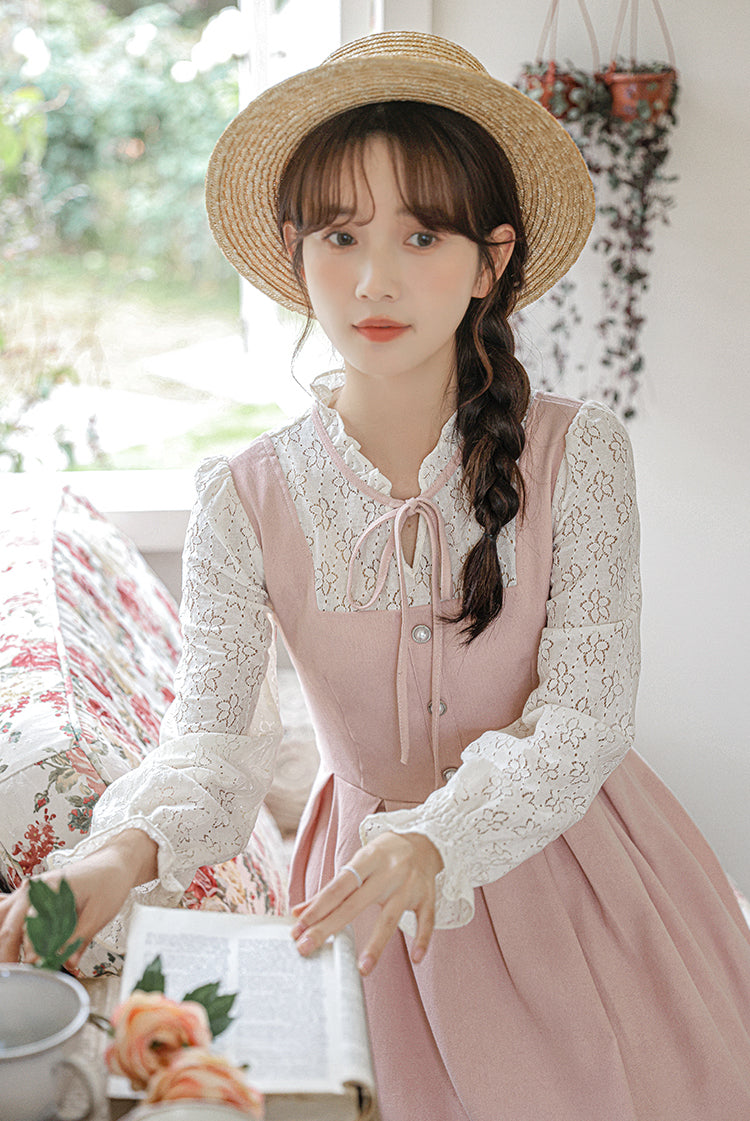 Floral Lace Twofer Midi Dress (Pink/White)