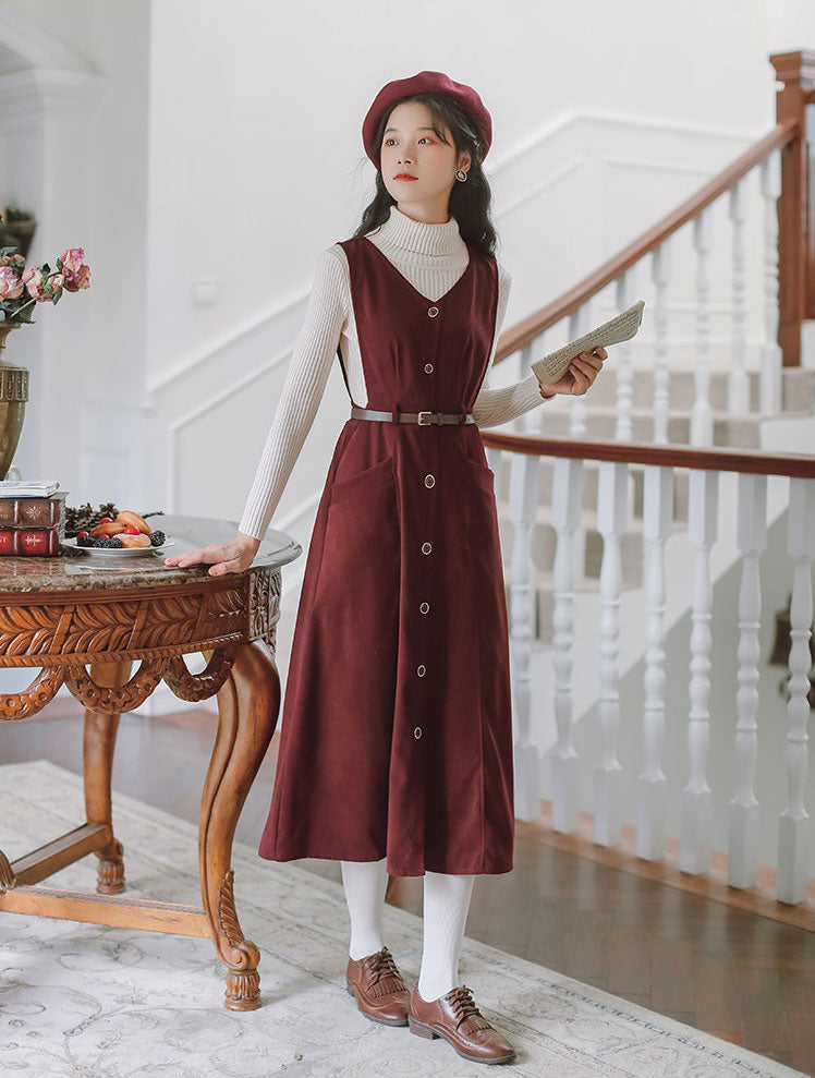 Button Up Suede Pinafore Dress (4 Colors)