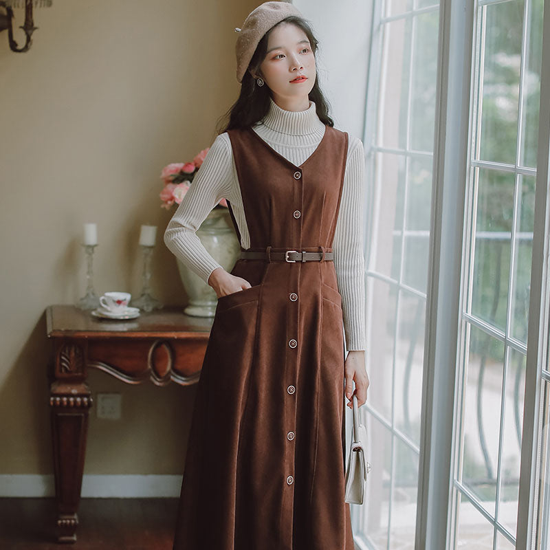 Button Up Suede Pinafore Dress (4 Colors)