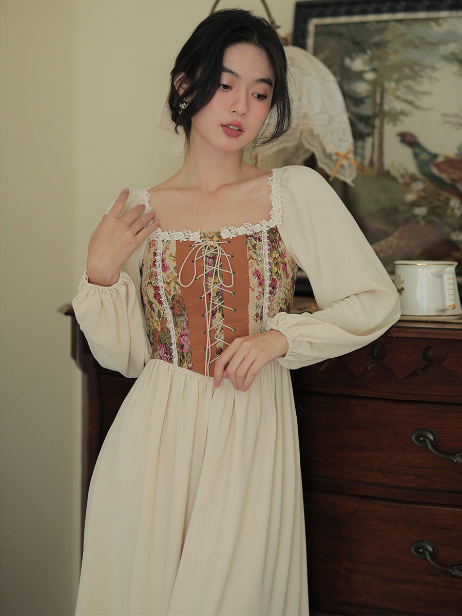 Rustic Rose Lace Up Corset Midi Dress (Pink/Cream)