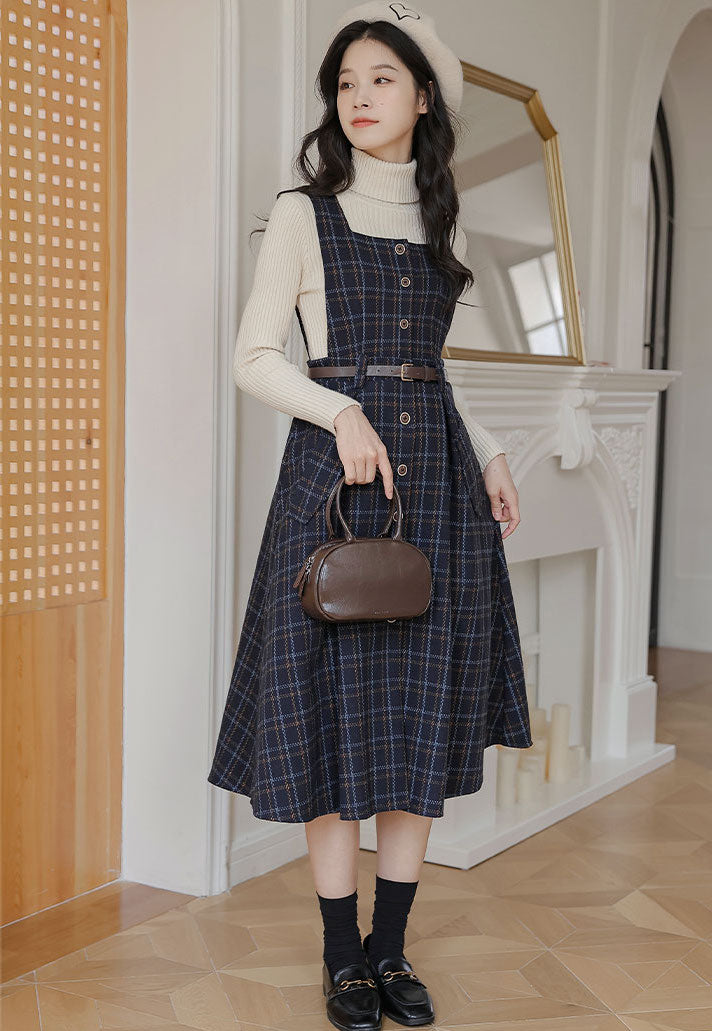 Button Up Plaid Pinafore Dress (2 Colors)