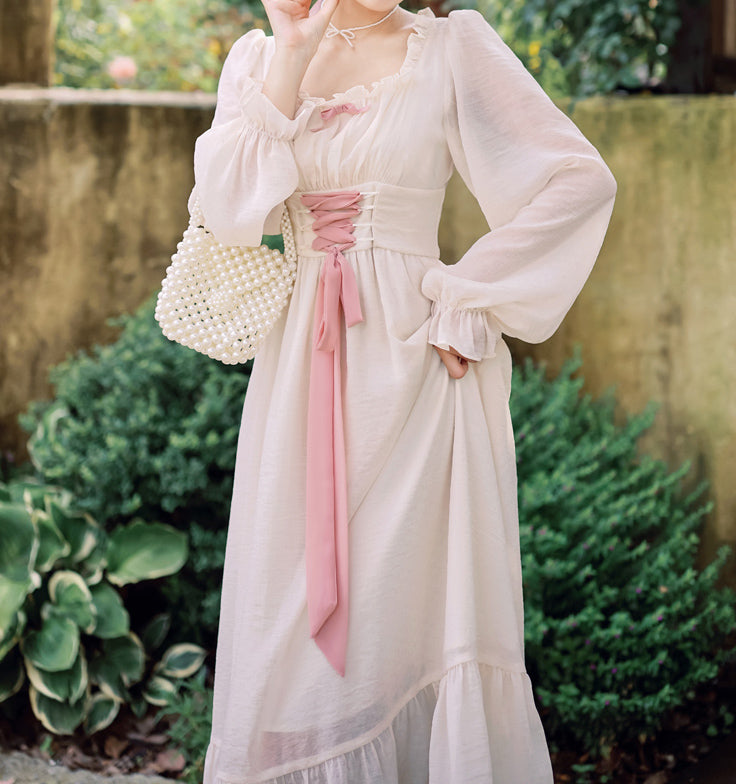 Meadow Corset Midi Dress (White/Pink)