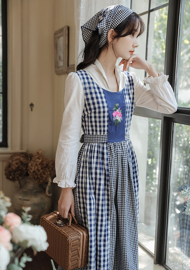 Gingham Pastures Twofer Midi Dress (Blue/White)