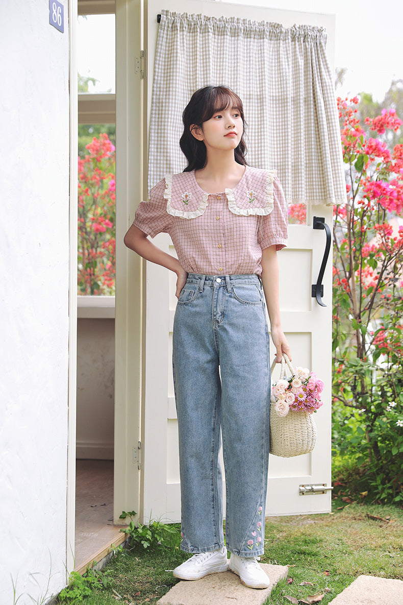 Cottage Flower Plaid Blouse (Pink)