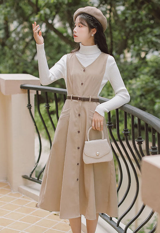 Button Up Suede Pinafore Dress (4 Colors)