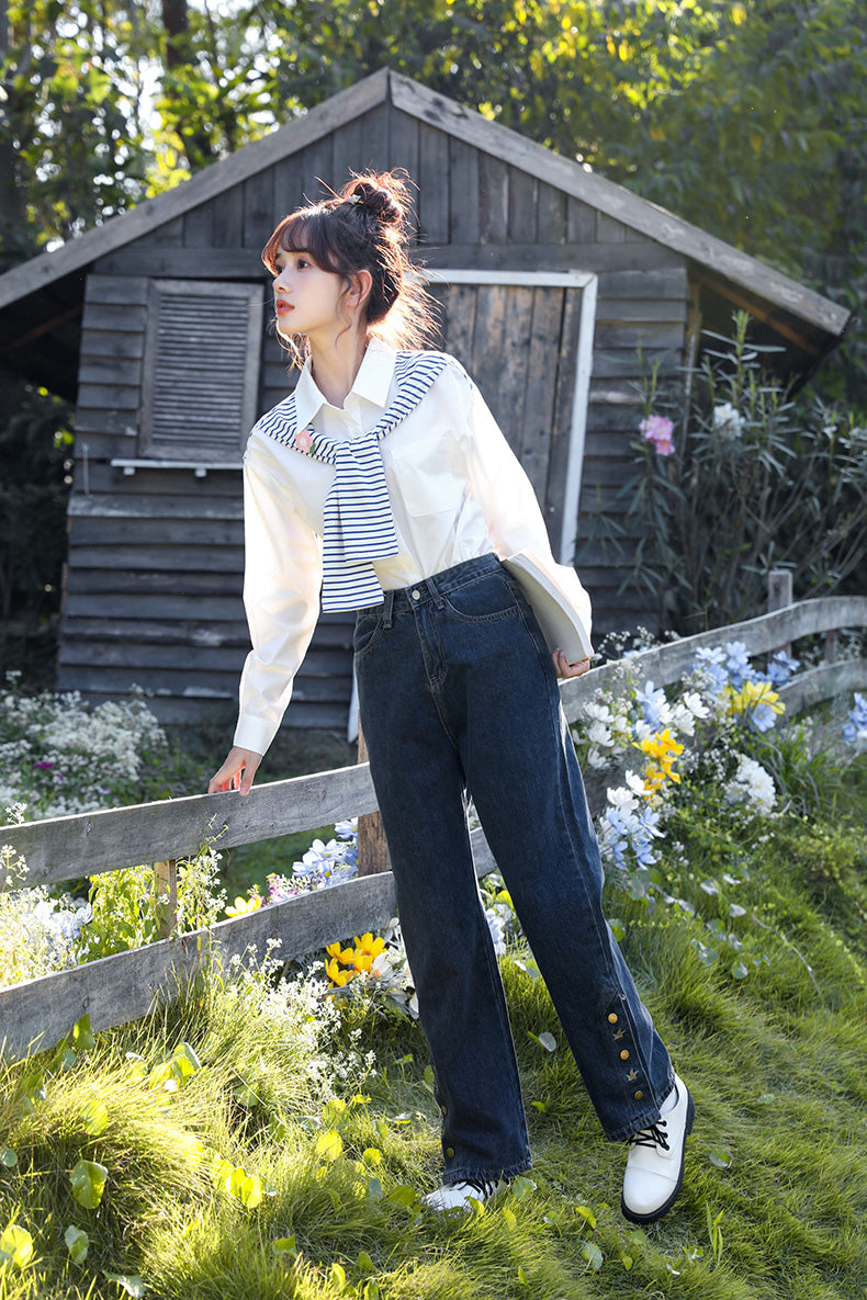 Rose Button Embroidered Jeans (Dark Denim)