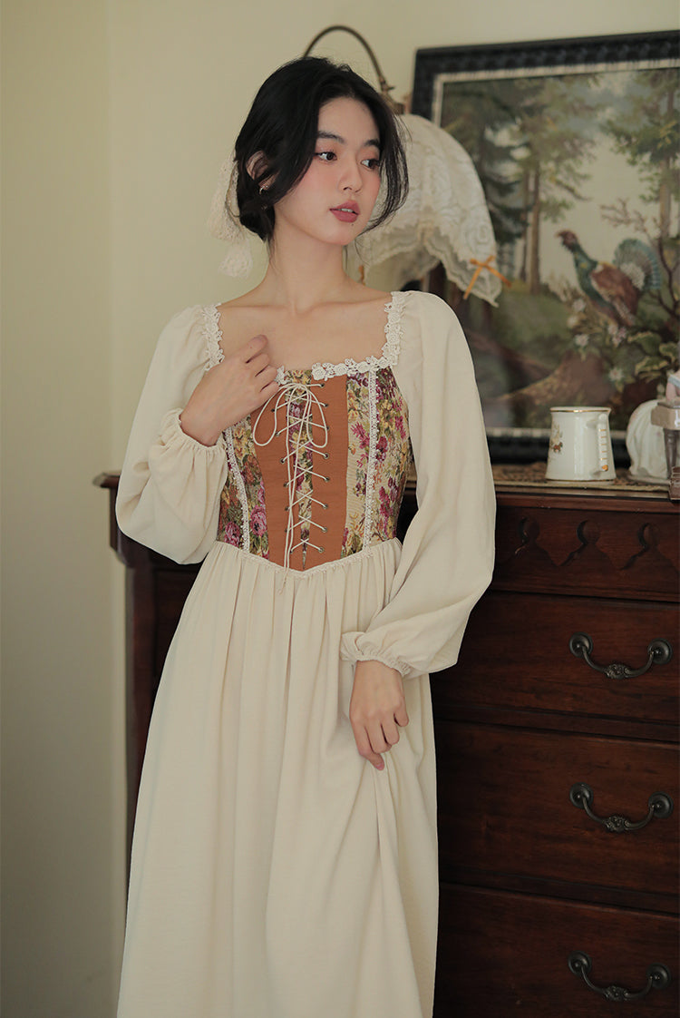 Rustic Rose Lace Up Corset Midi Dress (Pink/Cream)
