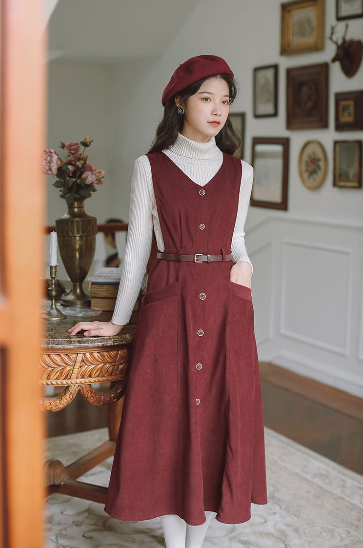 Button Up Suede Pinafore Dress (4 Colors)