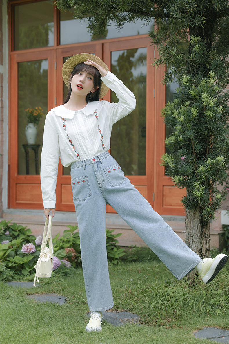 Embroidered Rose Pocket Jeans (Light Denim)
