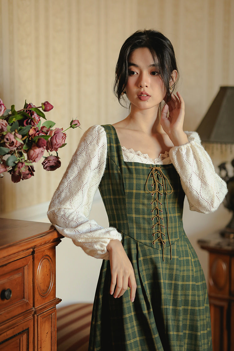Rustic Plaid Lace Up Corset Midi Dress (Green)