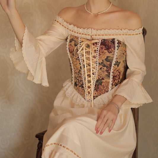 Rustic Floral Lace Up Corset (Beige)
