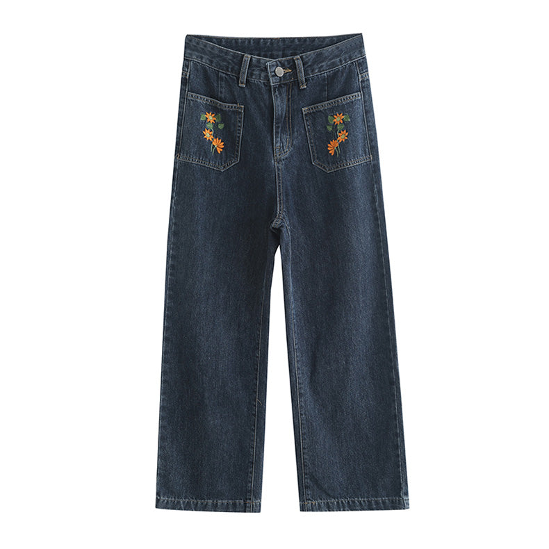 Country Daisy Embroidered Pocket Jeans (Dark Denim)