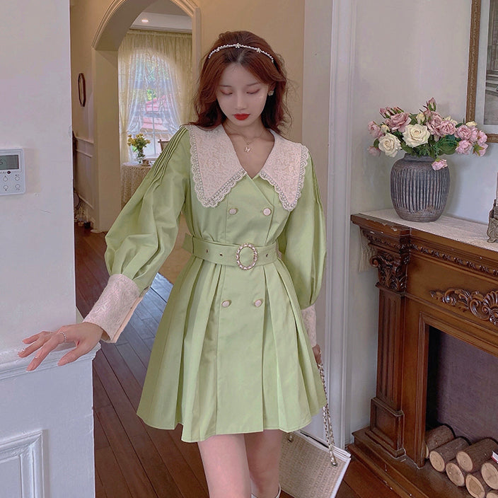 Matcha Peter Pan Pleated Dress (Green)