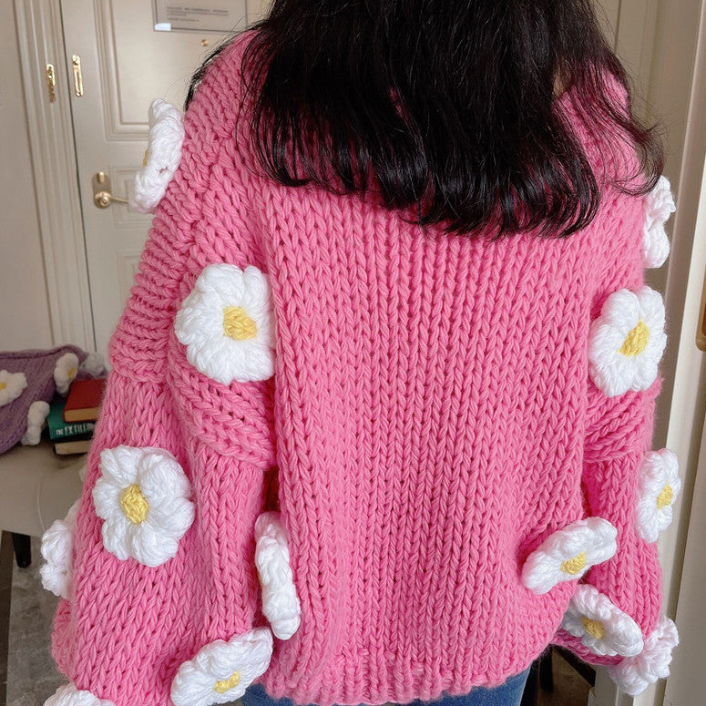 Chunky Daisy Cropped Cardigan (Pink)