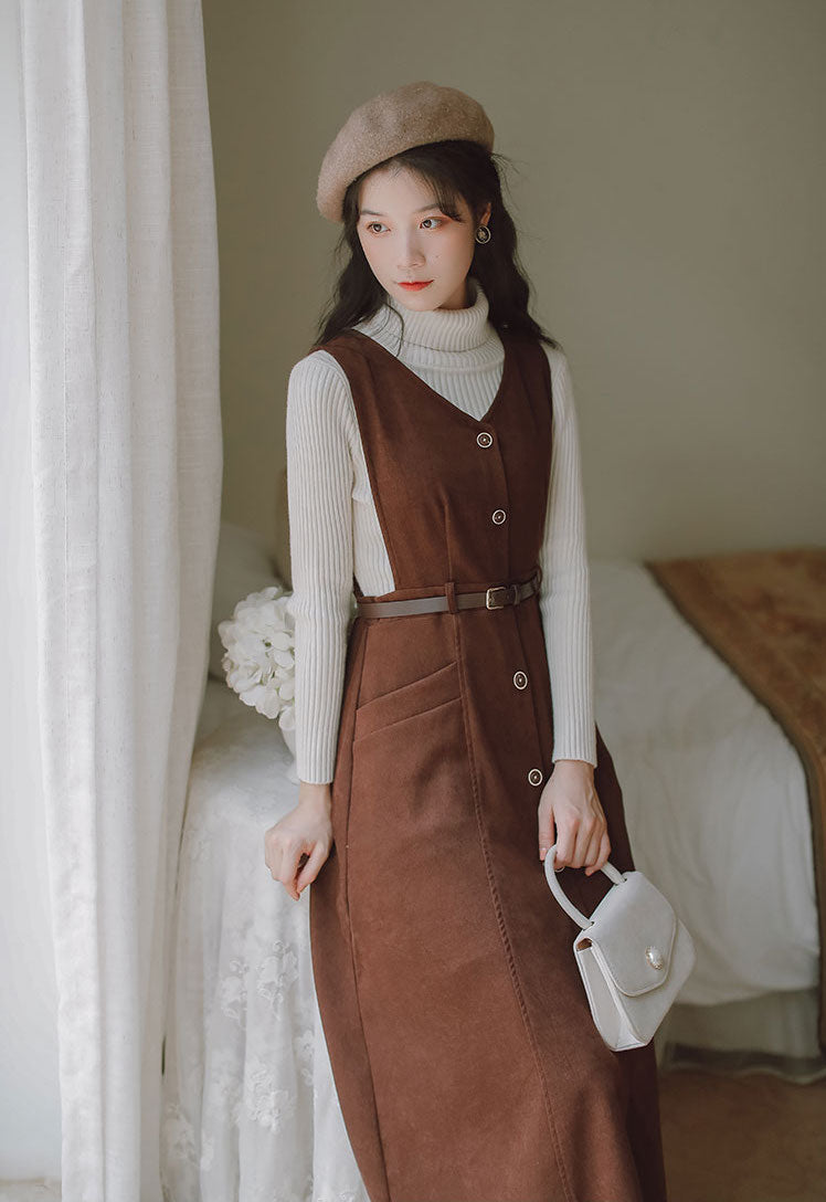 Button Up Suede Pinafore Dress (4 Colors)