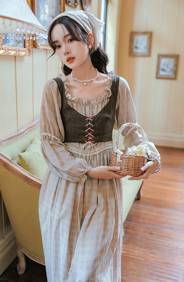 Country Corset Midi Dress (Beige/Olive)
