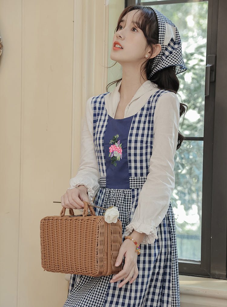 Gingham Pastures Twofer Midi Dress (Blue/White)