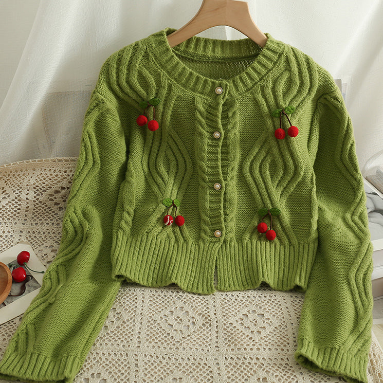Cherry Pom Pom Cropped Cardigan (4 Colors)