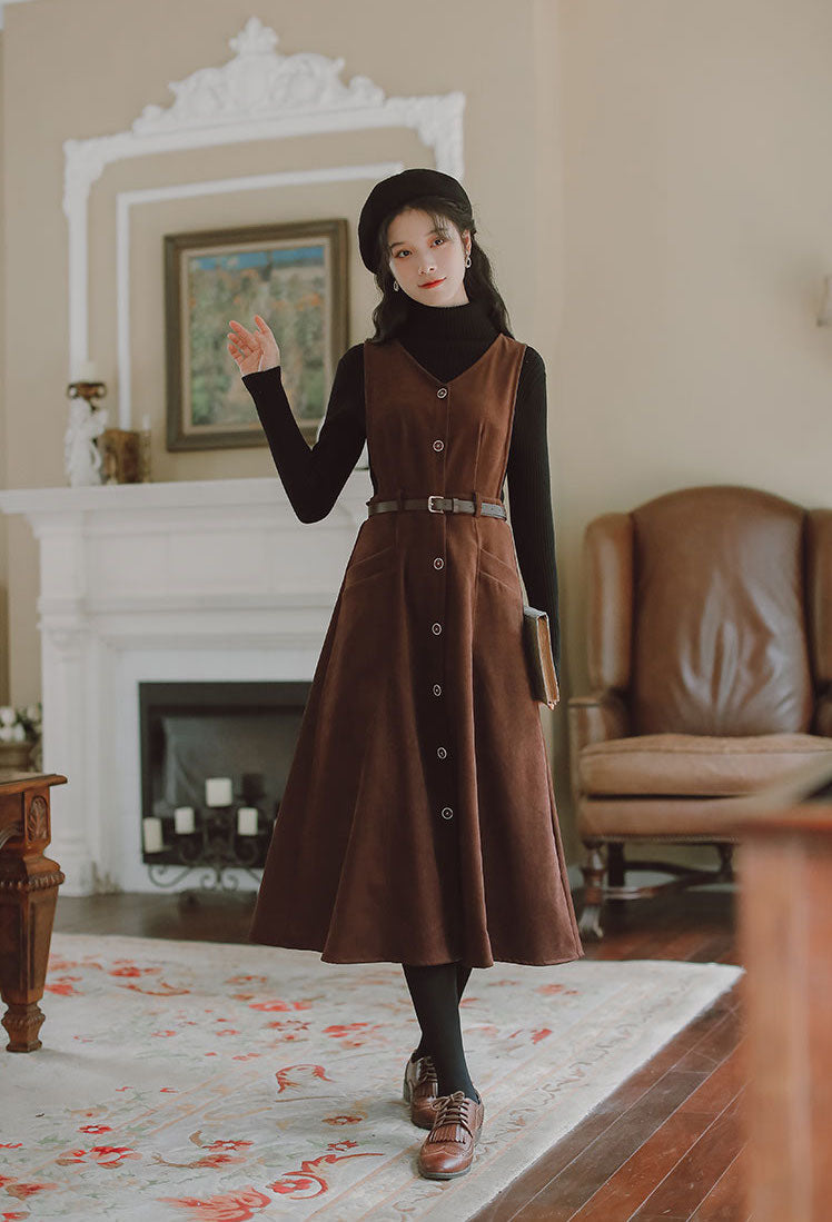 Button Up Suede Pinafore Dress (4 Colors)