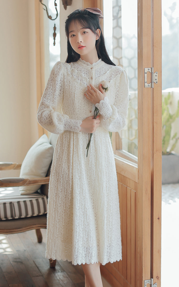 Lace & Vines Midi Dress (White)