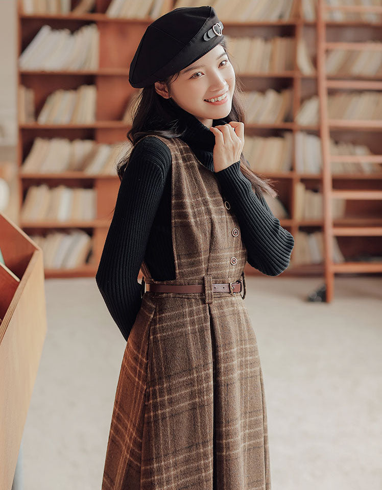 Coffee Plaid Midi Pinafore Dress (Brown)
