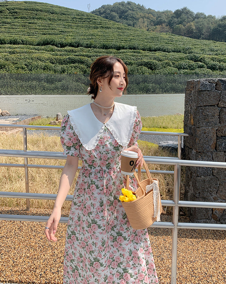 Rose Tea Peter Pan Dress (White/Pink)