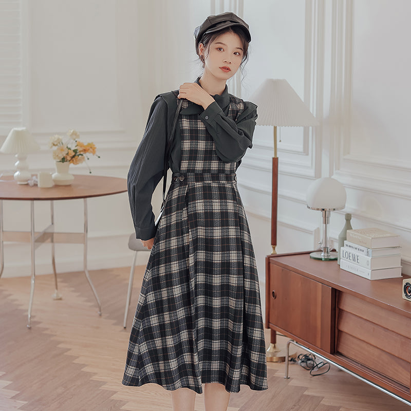 Crepe Plaid Pinafore Dress Set (2 Colors)