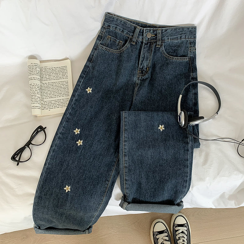 Raining Daisies Embroidered Jeans (Dark Denim)