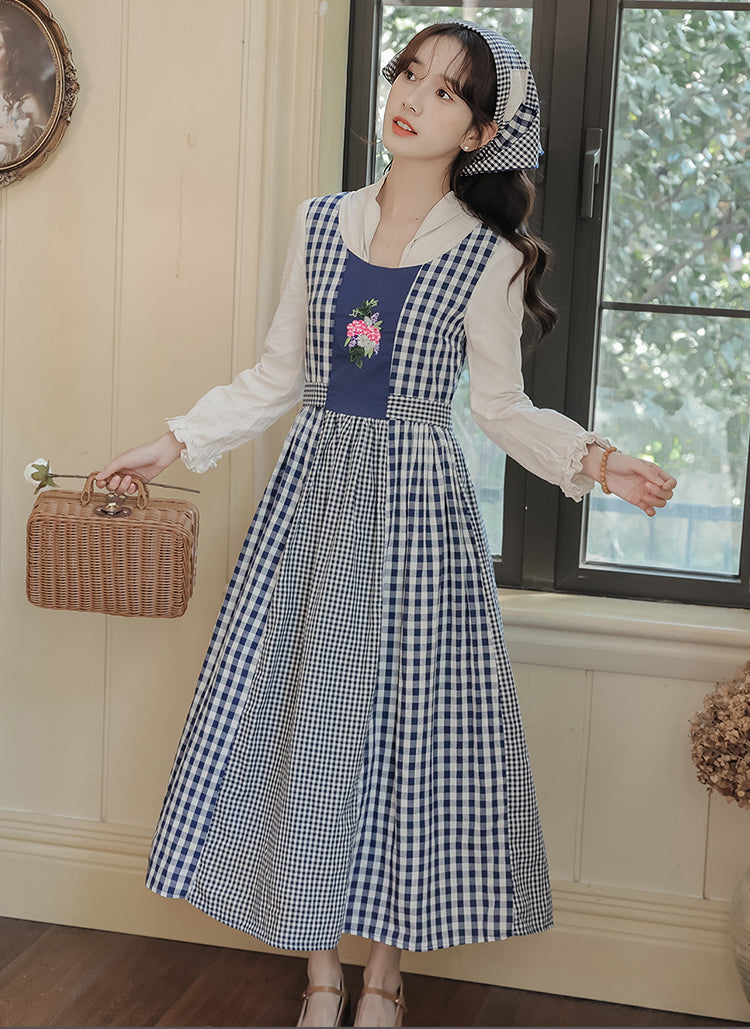 Gingham Pastures Twofer Midi Dress (Blue/White)