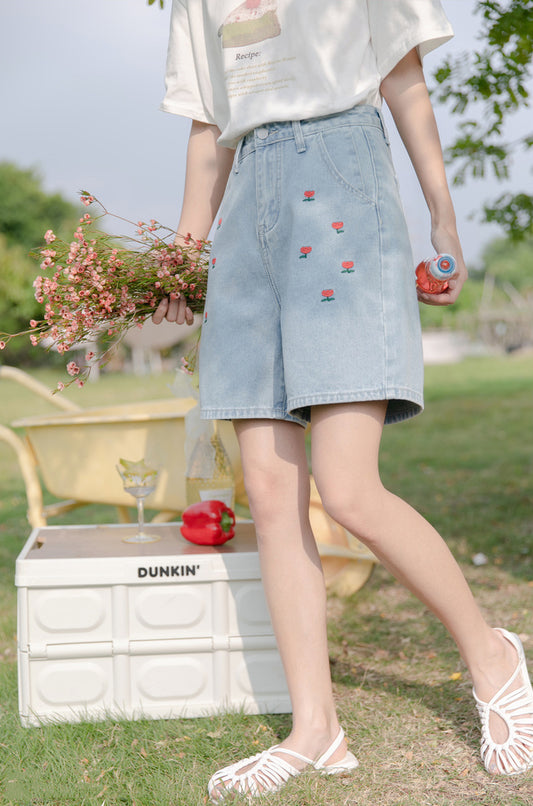 Little Tulip Embroidered Shorts (Light Denim)