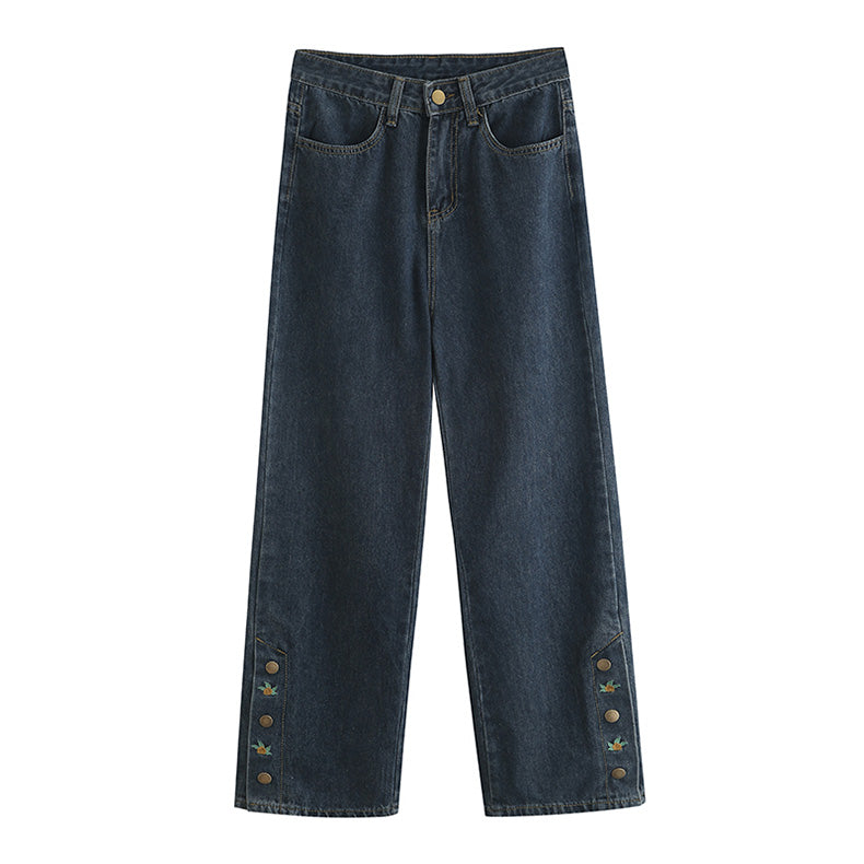 Rose Button Embroidered Jeans (Dark Denim)